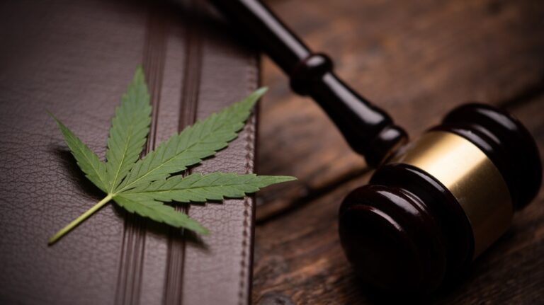 Cannabis leaf and judge gavel on woodwn table