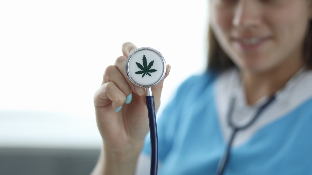 female hand holding stethoscope with sign of cannabis